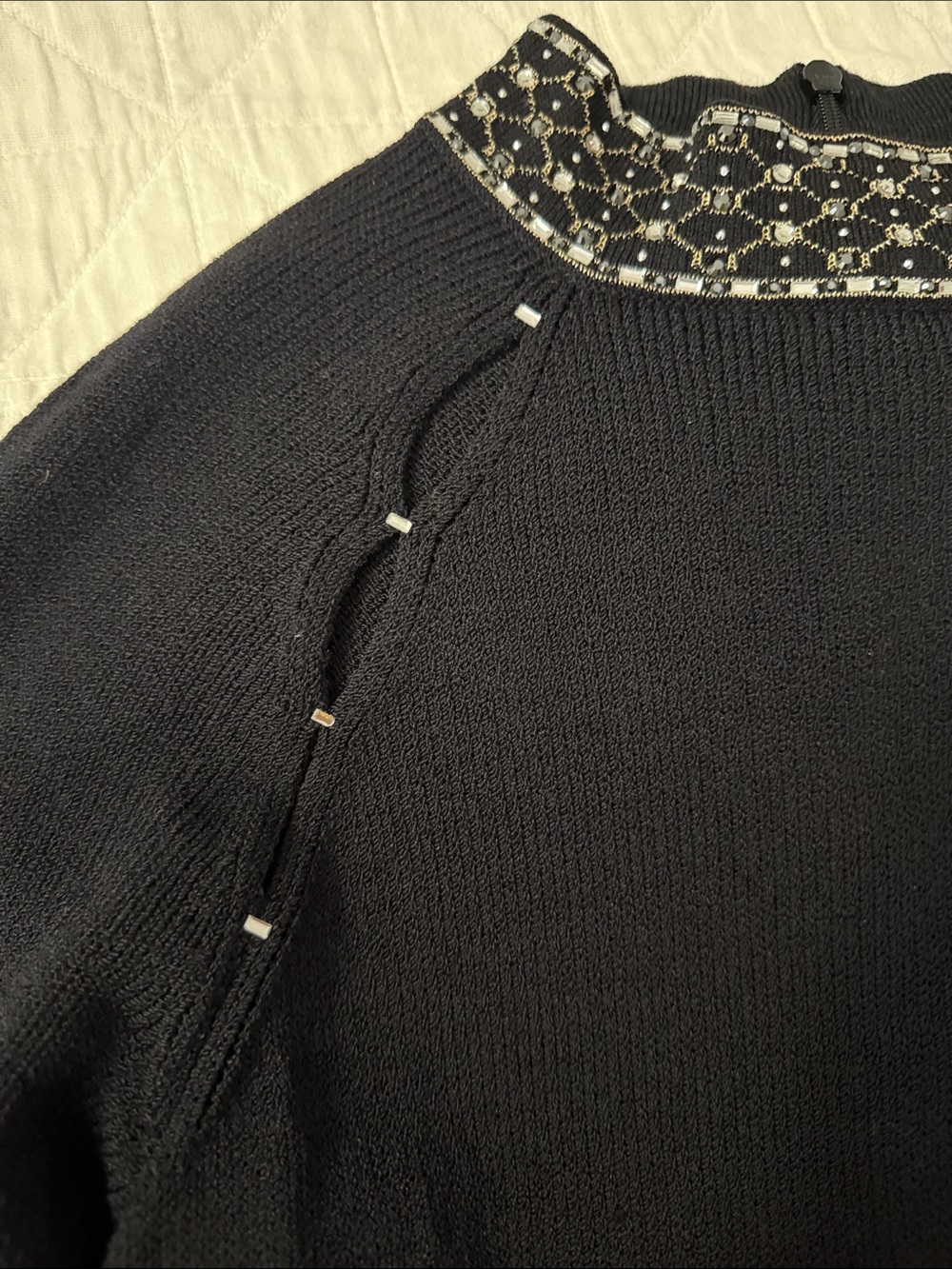 St. John Black Long-Sleeve Knit Dress with Jeweled Collar and Sleeves -Size 8 - Picture 6 of 11